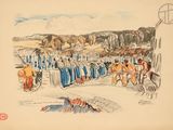 drawing of a group of people sitting around a fire pit