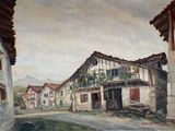 an oil painting of a street scene with buildings and a cow