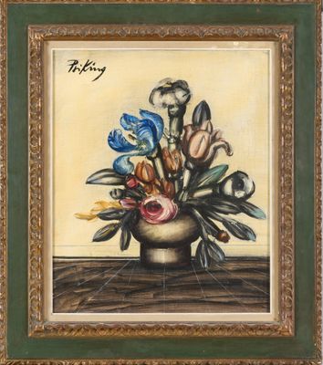 une peinture à l'huile représentant un vase avec des fleurs sur une table
