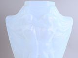 a glass vase with a white design on it