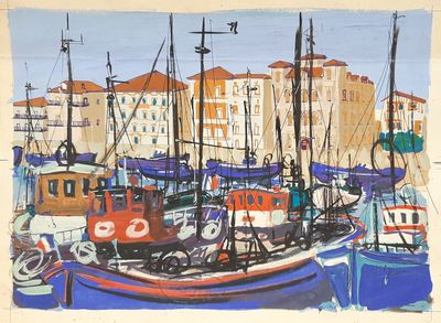 peinture de bateaux dans un port avec des bâtiments en arrière-plan