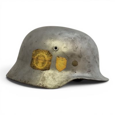 un vieux casque argenté avec une tache jaune sur le côté