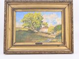 an oil painting of a tree and a house in a field