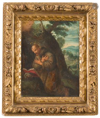 un tableau représentant un homme à genoux dans un bosquet, en compagnie d'un chien