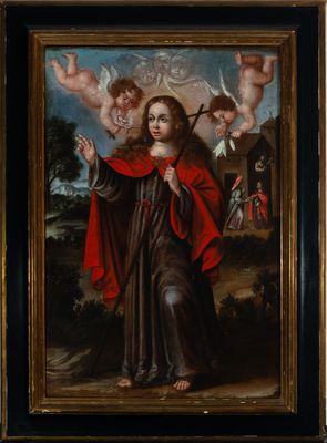 un tableau représentant un homme vêtu d'une cape rouge et tenant un bâton