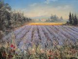 tableau représentant un champ de lavande et de coquelicots, avec une maison au loin