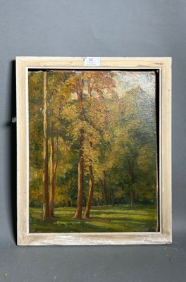 an oil painting of a wooded scene with trees in the foreground
