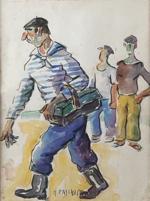 tableau représentant un homme avec une valise et un groupe de personnes derrière lui