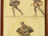 two pictures of a painting of a man with a rifle and a man with a backpack