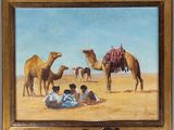 une peinture à l'huile représentant un troupeau de chameaux dans le désert