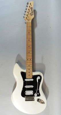an electric guitar sitting on top of a white table