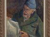 an oil painting of a man reading a newspaper with a blue hat