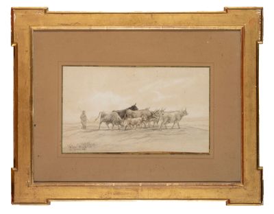 tableau représentant un homme menant un troupeau de chevaux à travers un champ