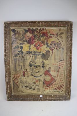 tableau représentant un vase de fleurs posé sur une table, à côté d'un livre