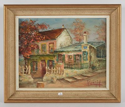 une peinture à l'huile représentant une maison avec une clôture et un banc