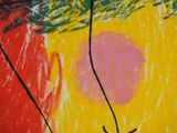 painting of a spider hanging from a string with a sun in the background