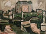 peinture représentant une peinture d'un pont enjambant une rivière, avec un bâtiment en arrière-plan