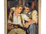 tableau représentant deux jeunes hommes lisant ensemble un livre dans une bibliothèque