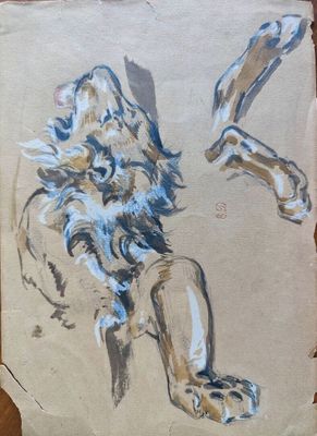 peinture représentant un lion sur une feuille de papier posée sur une table en bois