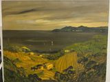 a painting of a view of the ocean from a hill