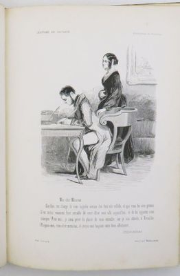 an open book with a drawing of a woman and a boy sitting at a desk