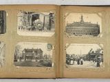 un vieux livre avec des images de bâtiments et de personnes dessus
