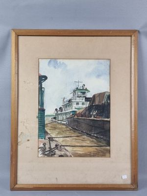 framed watercolor painting of a tugboat docked at a dock