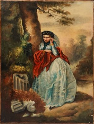 une peinture à l'huile représentant une femme en robe bleue assise sous un arbre