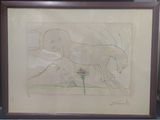 framed drawing of a horse running in a field of flowers