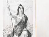 an open book with a drawing of a woman holding a spear