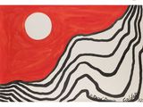 an image of a painting of a mountain with a red sun in the background