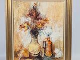 an oil painting of a vase of flowers and a bottle of oil