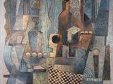peinture abstraite représentant un homme assis sur une chaise avec une guitare