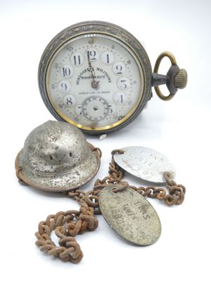 a silver pocket watch with a chain around it