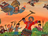 a painting of a group of people flying in the sky