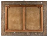 an old picture frame hanging on a wall with a wooden frame