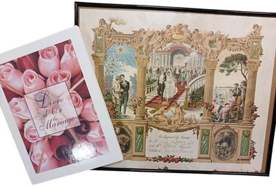 Lot comprenant "Livre d'or du Mariage" et une gravure "En so…