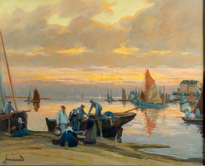 a painting of a group of people by the water