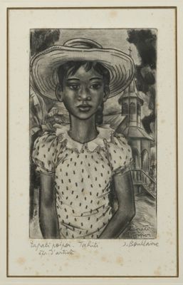 dessin représentant une femme portant un chapeau et une robe à pois