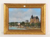 une photo d'un tableau représentant un château au bord de l'eau