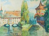 a watercolor painting of a bridge over a river