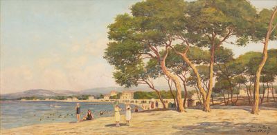 une image représentant un tableau montrant des personnes sur une plage, près de l'eau