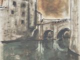 drawing of a bridge over a river with a building in the background
