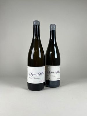 two bottles of wine sitting next to each other on a table