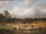 un tableau représentant un homme gardant un troupeau de moutons