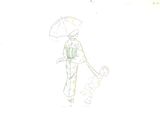 a drawing of a woman with an umbrella and a poodle