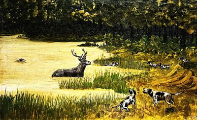 CHASSE / « Scène de chasse », huile sur carton par L.