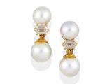 a pair of cultured pearl and diamond earrings