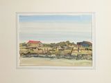 a picture of a painting of a farm with a barn in the background