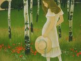 a painting of a woman standing in a field of flowers